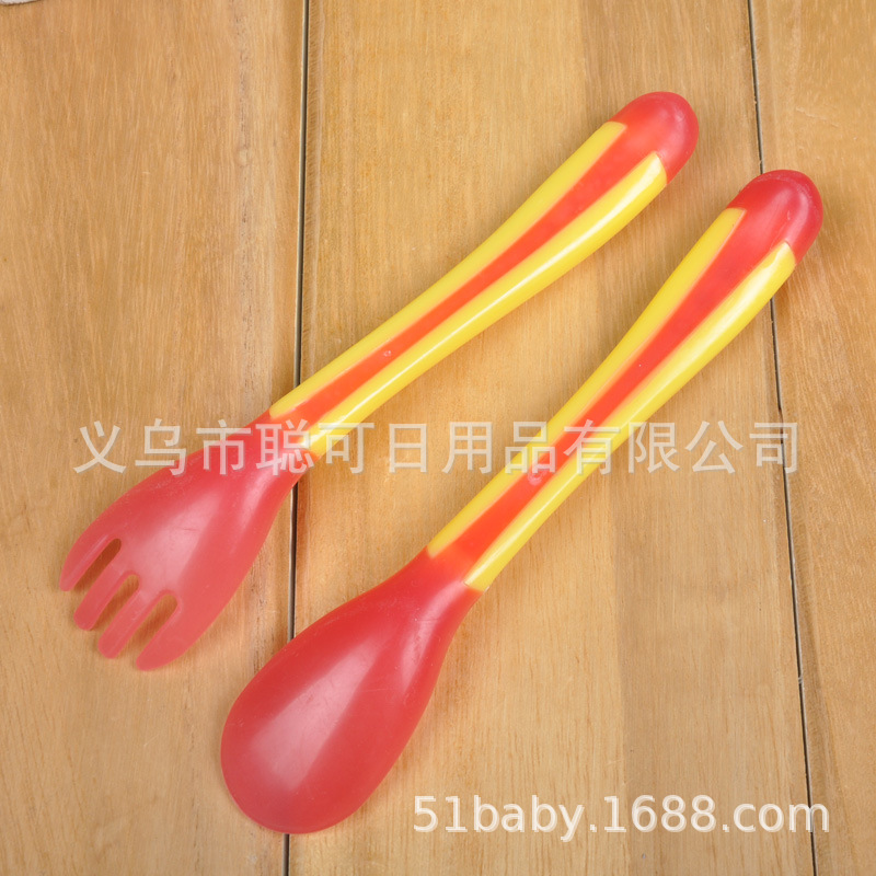 Factory direct baby temperature spoon children's soft head discoloration spoon Fork baby eating small spoon tableware bulk single