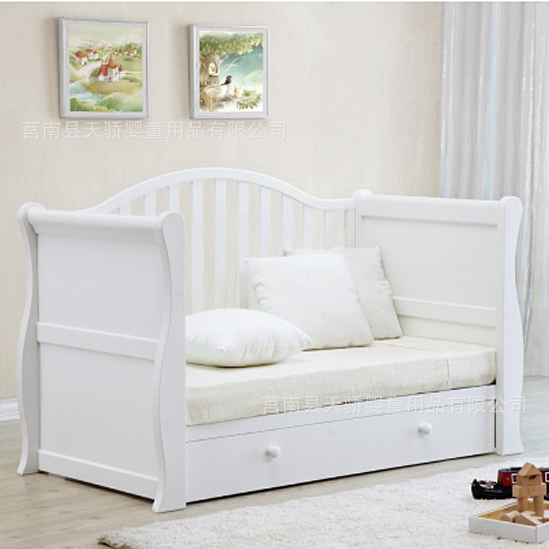 European-style sleigh solid wood crib children's bed bb baby bed stitching big bed brown white large size 140*70