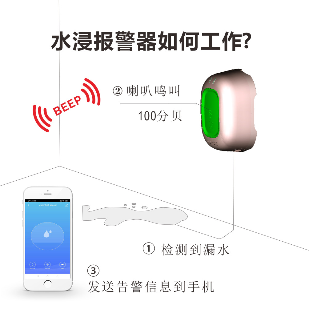 1.5 years standby water leak alarm water immersion detector dual probe rechargeable wifi/zigbee/ble/433