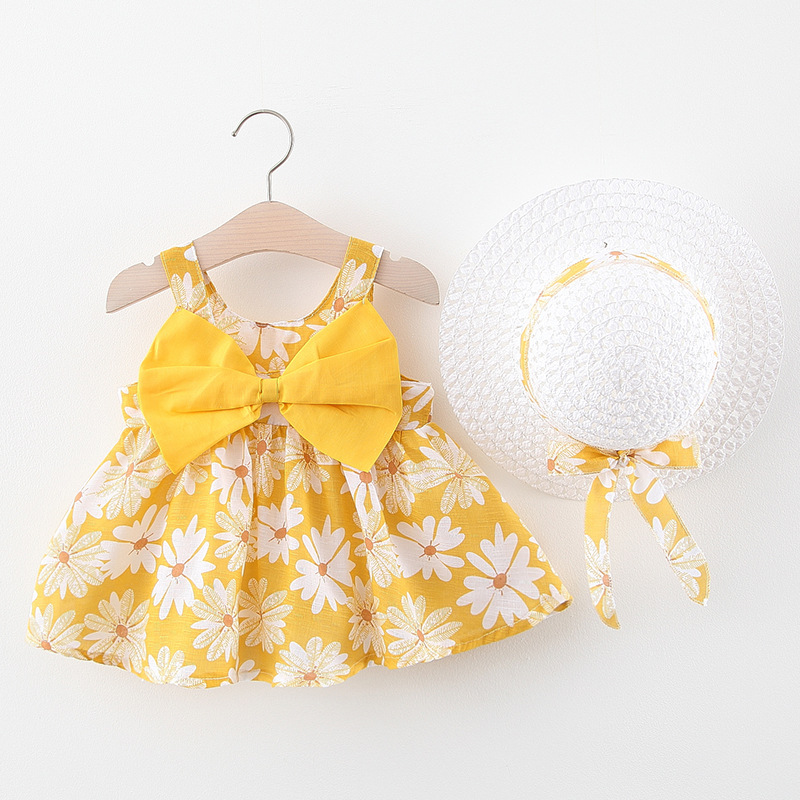 A749 Summer New Baby Girl Vest Dress Princess Dress 1234 Years Old Chest Big Bow Flower Dress with Hat