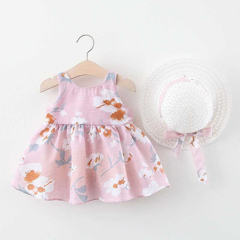 A749 Summer New Baby Girl Vest Dress Princess Dress 1234 Years Old Chest Big Bow Flower Dress with Hat