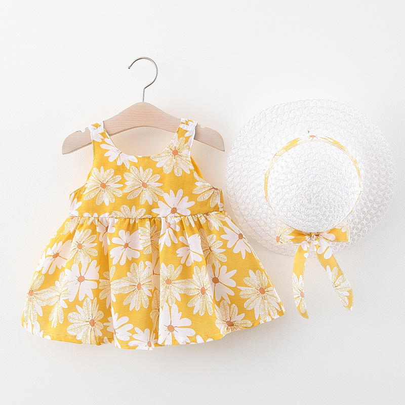A749 Summer New Baby Girl Vest Dress Princess Dress 1234 Years Old Chest Big Bow Flower Dress with Hat
