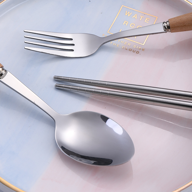 Creative Japanese Wooden Handle Tableware Egg Beater Stainless Steel Knife, Fork, Spoon, Chopsticks, Beech Wood Handle Stainless Steel Tableware Spoon
