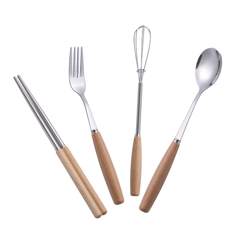 Creative Japanese Wooden Handle Tableware Egg Beater Stainless Steel Knife, Fork, Spoon, Chopsticks, Beech Wood Handle Stainless Steel Tableware Spoon