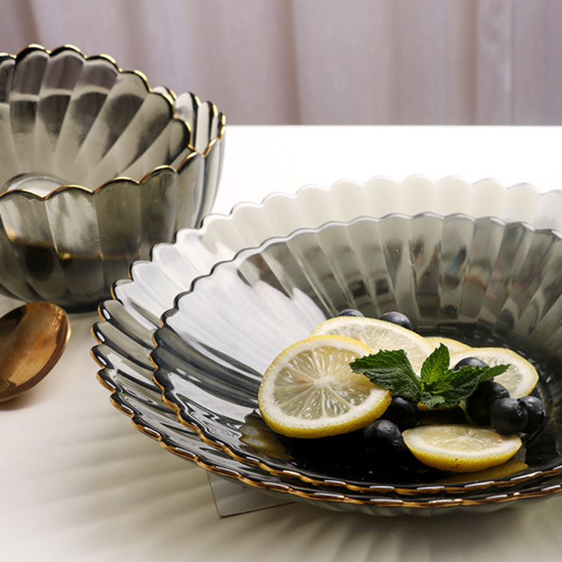 Golden edge household glass plate Bowl suit fruit plate dessert plate simple flower petal shape striped tableware smoky gray