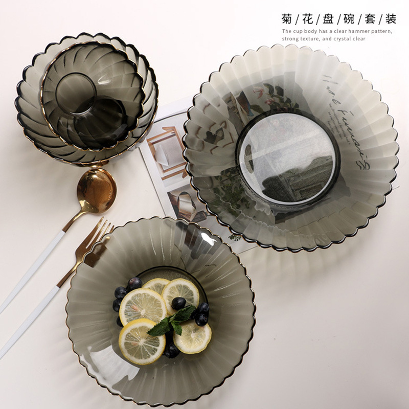 Golden edge household glass plate Bowl suit fruit plate dessert plate simple flower petal shape striped tableware smoky gray