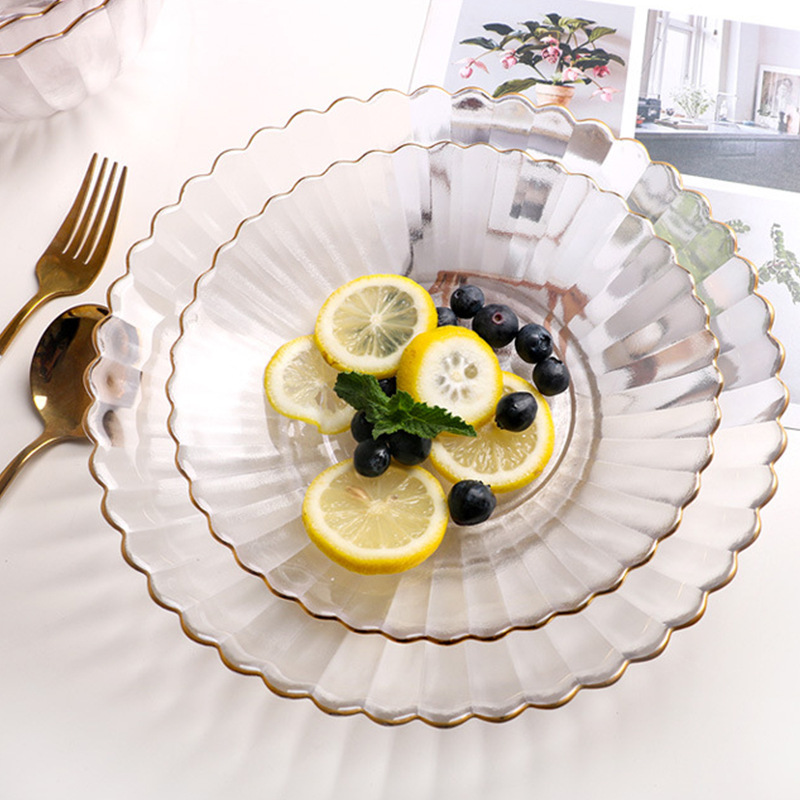 Golden edge household glass plate Bowl suit fruit plate dessert plate simple flower petal shape striped tableware smoky gray