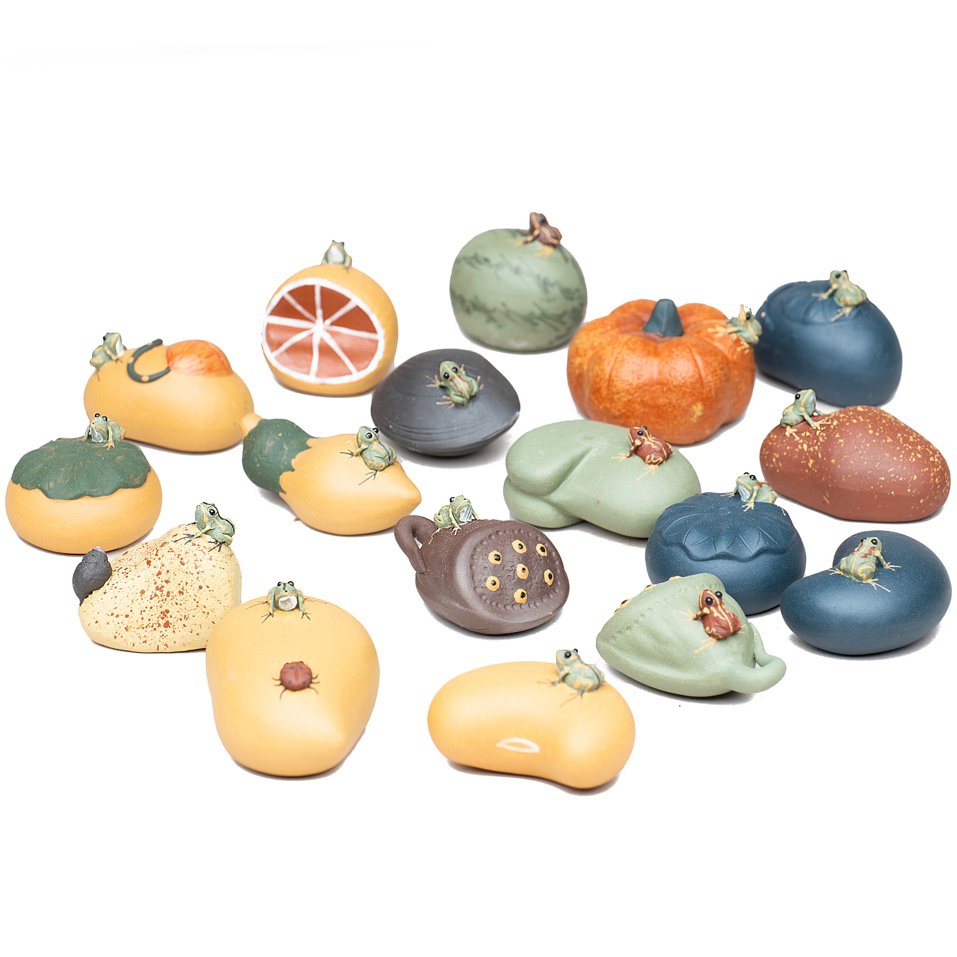 Yixing Purple Sand Tea Pet Water Spray Watermelon Ornaments Handmade Frog Pumpkin Lotus Seed Lemon Broad Bean Tea Set Sculpture Wholesale