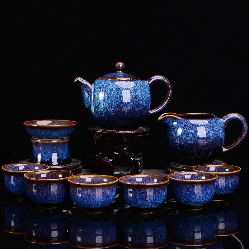 Creative Jun Kiln Kung Fu Tea Set Kiln Change Wire Drawing Home Business Activities High-end Ceramic Gift Wholesale Set