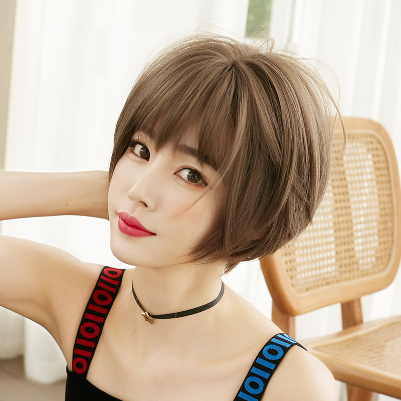 New Wig for Women with Short Hair, Internet Celebrity Bob, Round Face, Whole Headgear, Handsome Short Broken Hair, Elegant Bangs Hair Cover