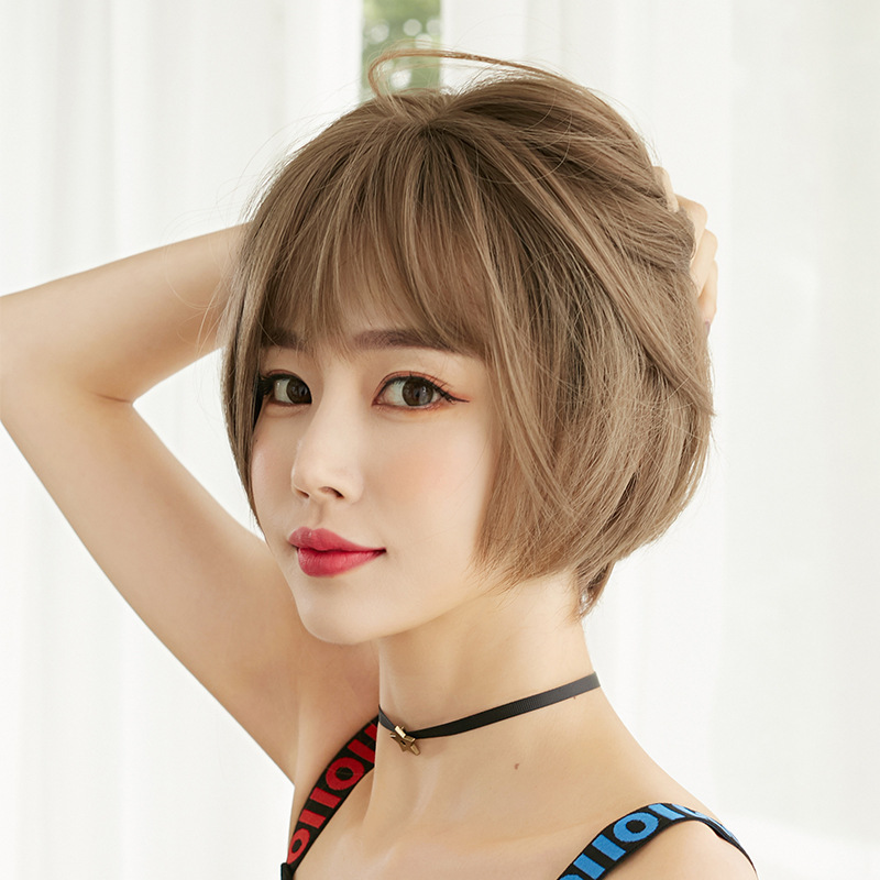New Wig for Women with Short Hair, Internet Celebrity Bob, Round Face, Whole Headgear, Handsome Short Broken Hair, Elegant Bangs Hair Cover