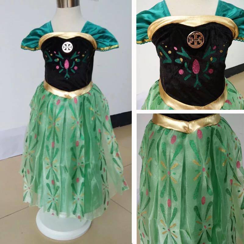 2022 Summer Frozen Green Princess Anna Girls' Short-sleeved Dress Fold Dress European and American Birthday Performance Dress