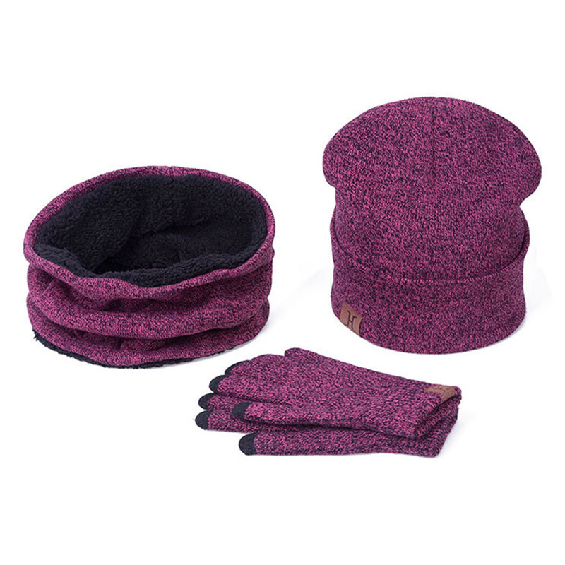 Amazon Foreign Trade Winter Scarf Hat Gloves Three-Piece Set Knitted Gloves Woolen Scarf Warm Set