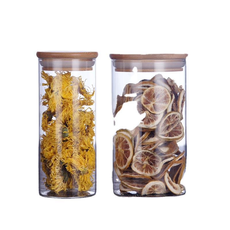 High Borosilicate Glass Sealed Jar, Bamboo Lid Tea Jar, Kitchen Grain Snack Glass Storage Jar, Straight Storage Bottle