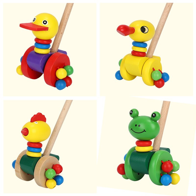 Street Stall Hot Selling Infant Cartoon Animal Stroller Wooden Single Pole Folding Push Baby Toddler Toy Car