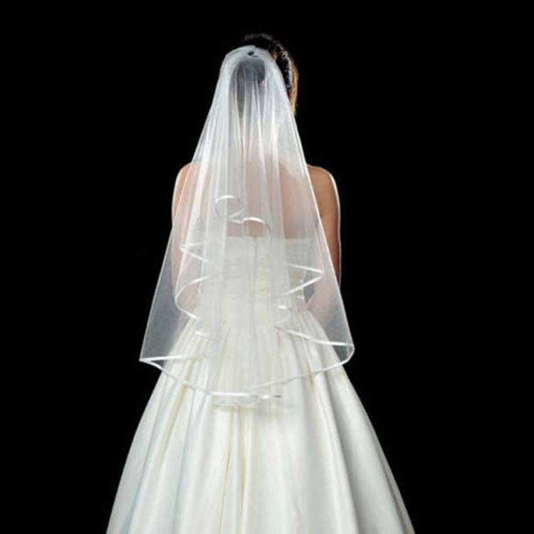 Amazon Ebay European and American Single Party Simple Double-Layer Bridal Veil with Satin Ribbon Wholesale for European and American Brides