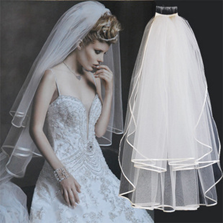 Amazon Ebay European and American Single Party Simple Double-Layer Bridal Veil with Satin Ribbon Wholesale for European and American Brides