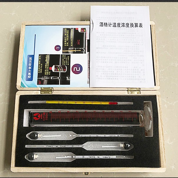 Supply 0-100 degrees wooden box suit full box set liquor concentration meter with glass measuring cylinder alcohol meter alcohol meter