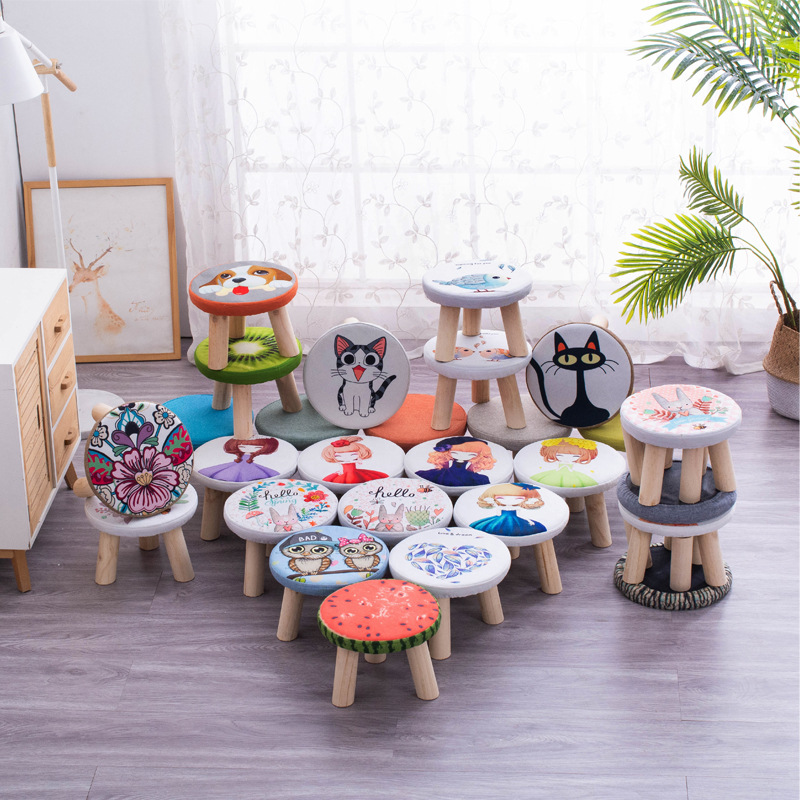 Mushroom Stool Solid Wood Fabric Shoe Changing Round Stool Living Room Sofa Small Bench Household Children's Cartoon Small Bench