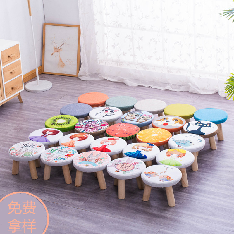 Mushroom Stool Solid Wood Fabric Shoe Changing Round Stool Living Room Sofa Small Bench Household Children's Cartoon Small Bench