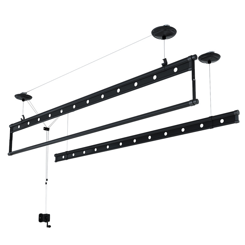 Black Three-Pole Manual Clothes Drying Rack Balcony Hand-Cranked Adjustable Aluminum Alloy Clothes Drying Rack Quilt Rod Lifter Labor-Saving