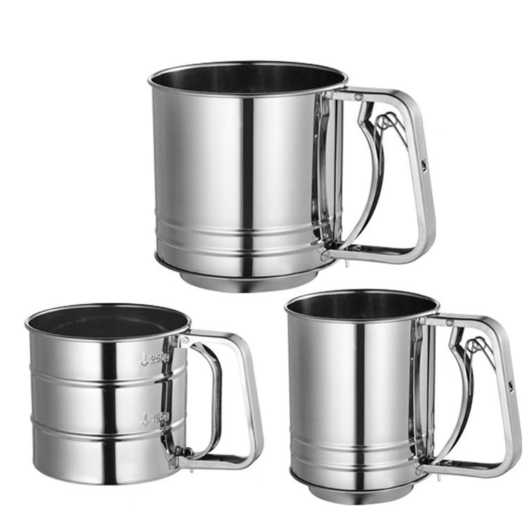 Manufacturer's In-Stock Stainless Steel 24-Mesh Semi-Automatic Flour Sieve Handheld Filter Cup Powdered Sugar Sieve Baking Tool Sieve