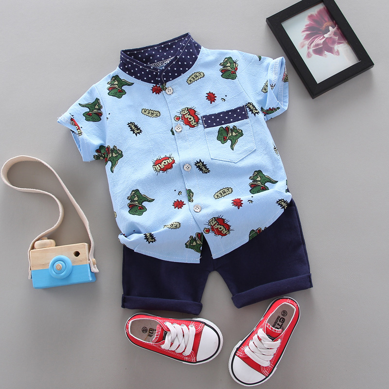 2020 Summer new boys' short sleeve suit children's cartoon dinosaur pattern shirt 2-piece cross-border 1-piece delivery