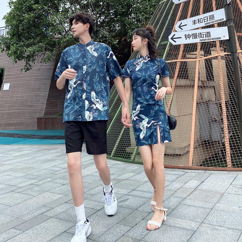 Cheongsam Couple Wear Summer Shirt Men's Suit Popular Chinese Style Crane Flower Shirt Short-Sleeved Slit Dress
