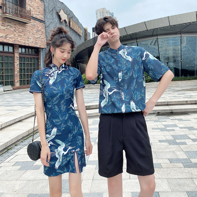 Cheongsam Couple Wear Summer Shirt Men's Suit Popular Chinese Style Crane Flower Shirt Short-Sleeved Slit Dress