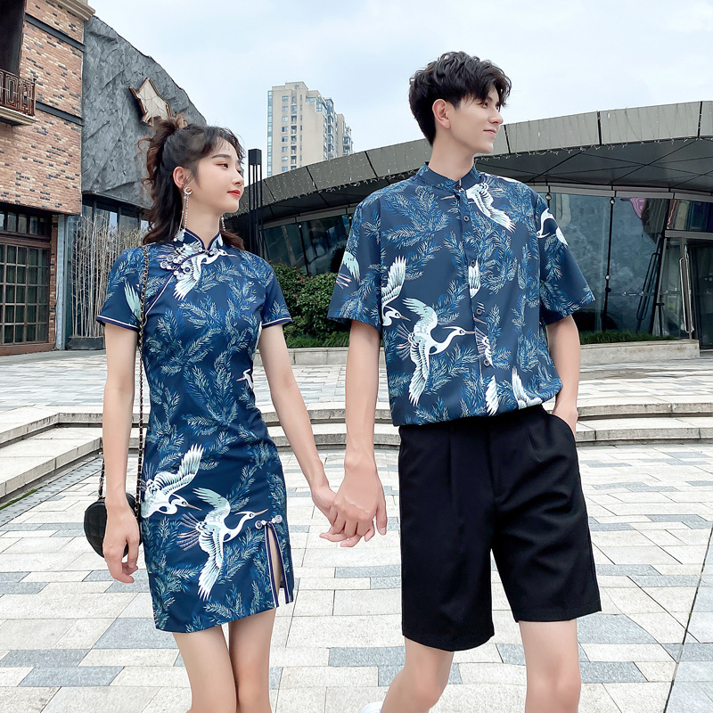 Cheongsam Couple Wear Summer Shirt Men's Suit Popular Chinese Style Crane Flower Shirt Short-Sleeved Slit Dress