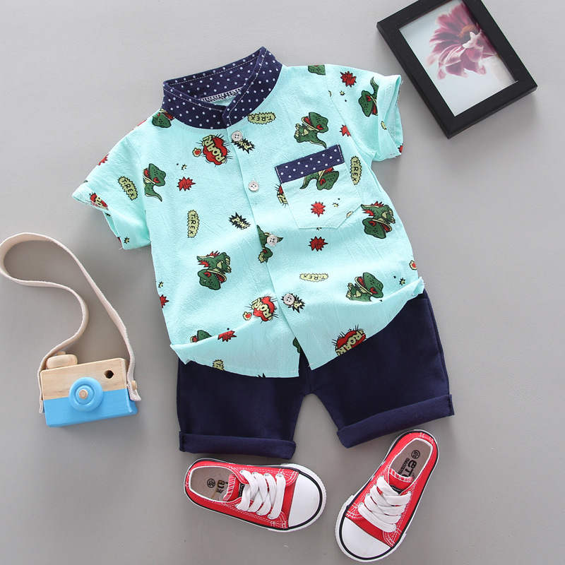 2020 Summer new boys' short sleeve suit children's cartoon dinosaur pattern shirt 2-piece cross-border 1-piece delivery