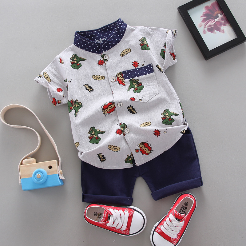 2020 Summer new boys' short sleeve suit children's cartoon dinosaur pattern shirt 2-piece cross-border 1-piece delivery