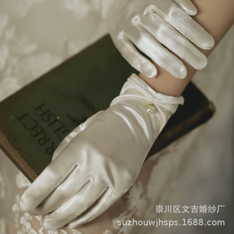 Simple Summer Sunscreen Gloves Tulle Short Satin Wedding Dress Bridal White Stretch Pearl Gloves