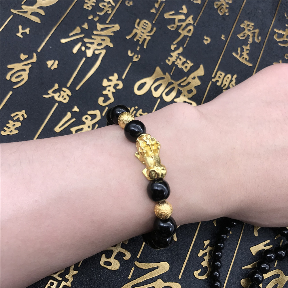 Imitation Obsidian Lucky Pixiu Bracelet for Men and Women, High-End Vietnamese Sand Gold Jewelry, Handmade Beaded Jewelry Wholesale