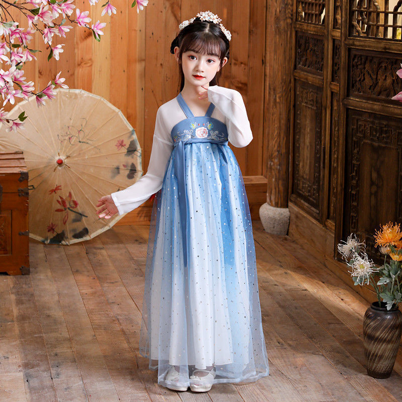 Ancient Costume for Children, Hanfu for Girls, Fairy Ancient Costume, Chinese Style Little Girl, Guzheng Elegant Dance Performance Outfit
