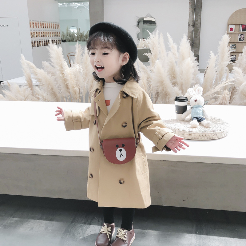 Girls' Spring and Autumn Trenchcoat Children's Double-breasted Casual Coat Top Mid-length Trendy Coat Children's Trenchcoat