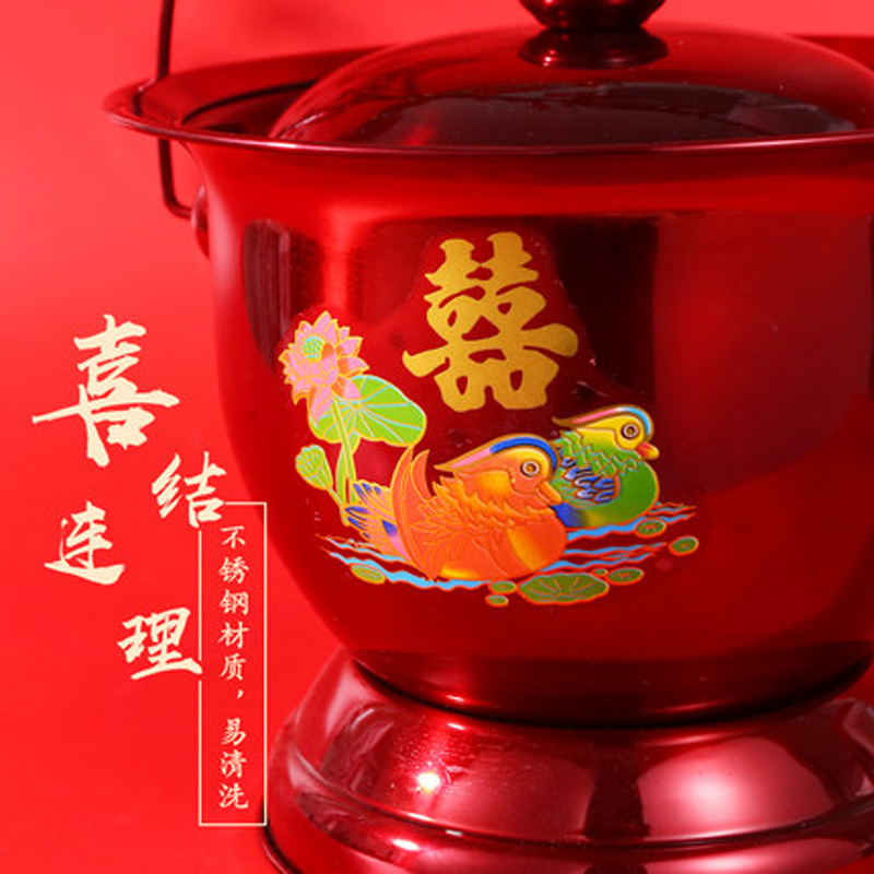 Stainless Steel Printed Wedding Spittoon Woman's Accompanying Bucket Red High-legged Iron Enamel with Lid Xi Nocturnal Pot Urinal Pot