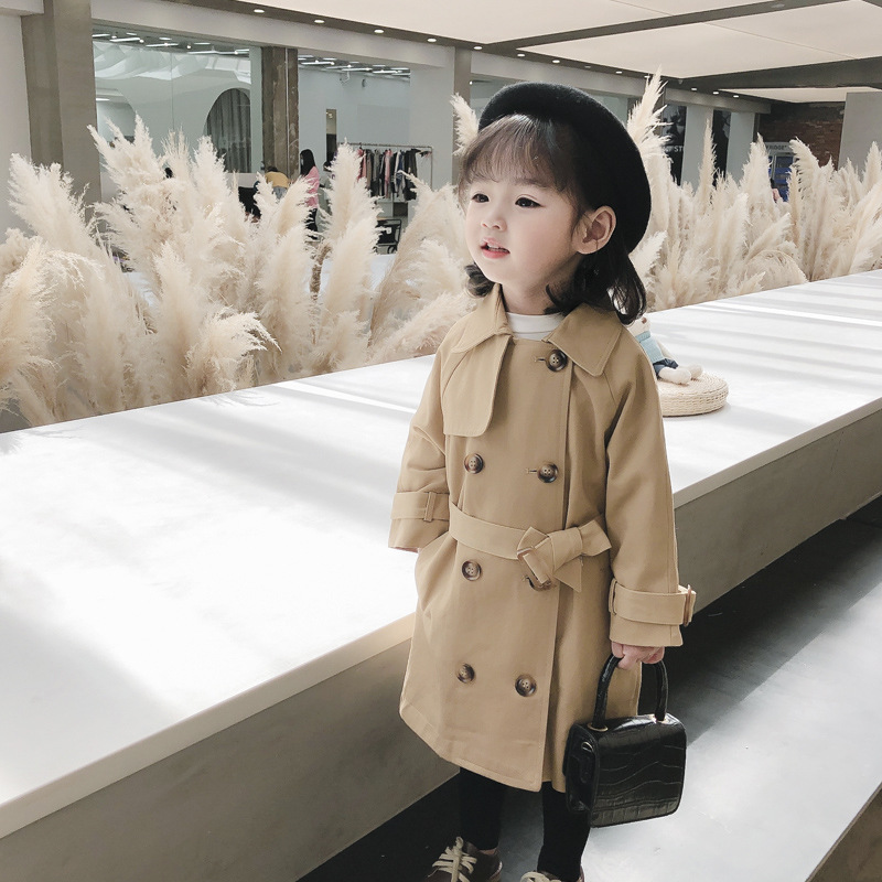 Girls' Spring and Autumn Trenchcoat Children's Double-breasted Casual Coat Top Mid-length Trendy Coat Children's Trenchcoat