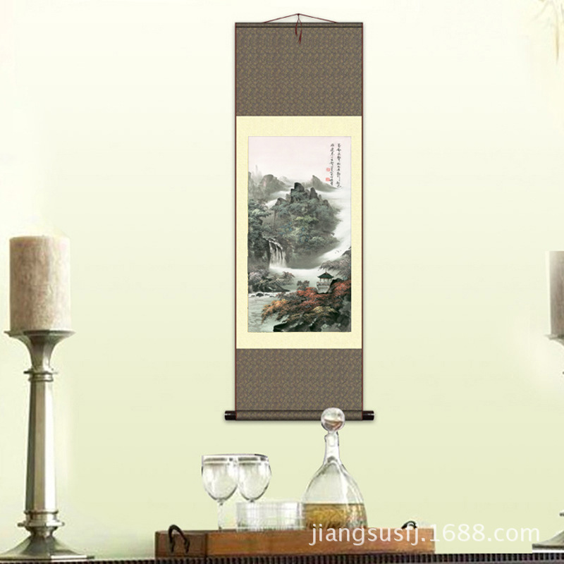 Living Room Office Hanging Landscape Silk Painting Scroll Chinese Painting Mountain Spring Autumn Color S061