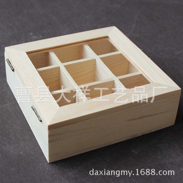 zakka vintage wooden desktop jewelry storage box small 9-grid multi-grid glass cover wooden box grid flip box