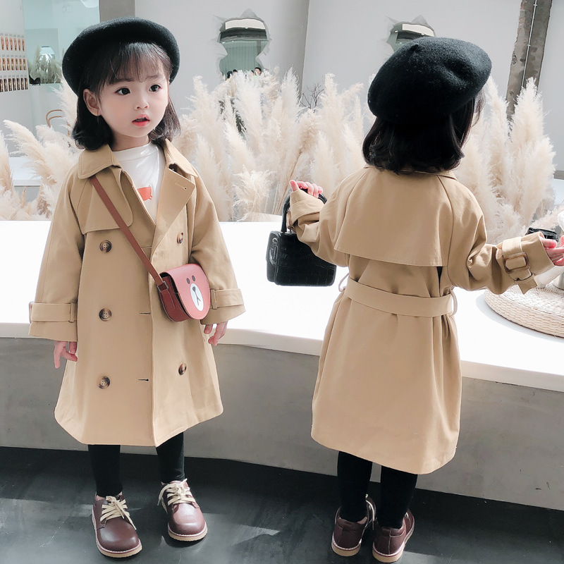 Girls' Spring and Autumn Trenchcoat Children's Double-breasted Casual Coat Top Mid-length Trendy Coat Children's Trenchcoat