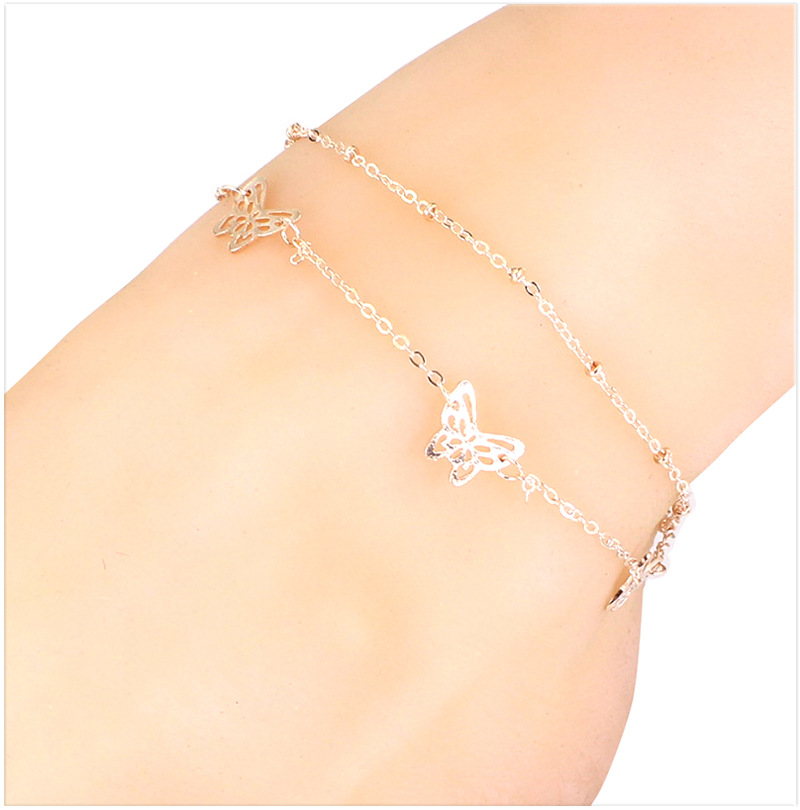 E0064 New European and American Export Hot-Selling Jewelry Butterfly Wings Double Layer 18K Gold Rose Gold Bell Anklet for Women