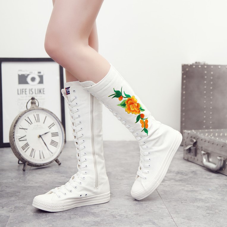 Модные корейские ботинки с вышивкой, танцевальные, с шнуровкой и боковой молнией, супер высокие ботинки, канвасовые туфли для женщин