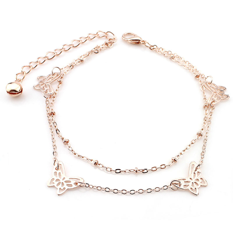Новый европейский и американский стиль, горячая продажа, браслет-анклет с бабочками, двойной слой, 18K золотое розовое золото