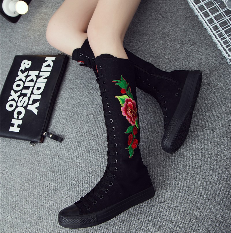 Korean Style Fashion Deductive Actor Embroidered Dancing Lace-up Side Zipper Super High Top Boots Canvas Women's Shoes Trendy