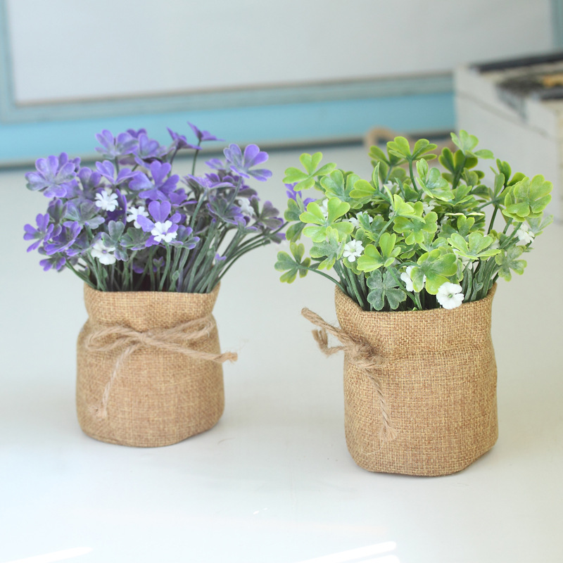 Linen cloth four-leaf clover lucky grass artificial flower plastic artificial flower simulation plant potted small bonsai home decoration ornaments