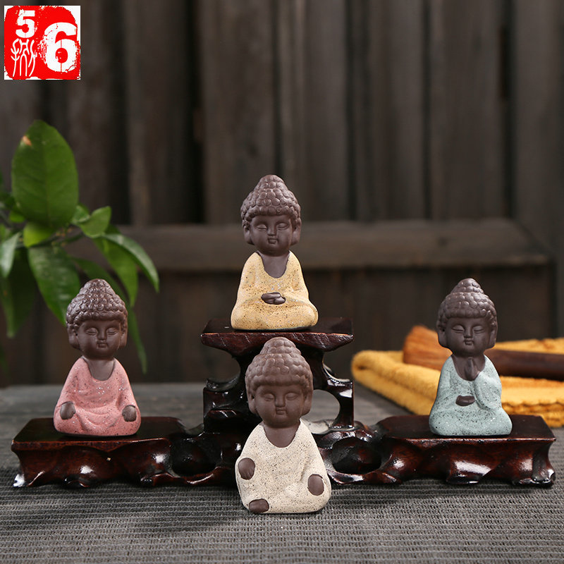 Cross-border Ceramic Tea Pet Small Buddha Statue Car Decoration Purple Sand Crafts Colored Sand Pottery Desktop Tea Tray Decoration Small Tathagata