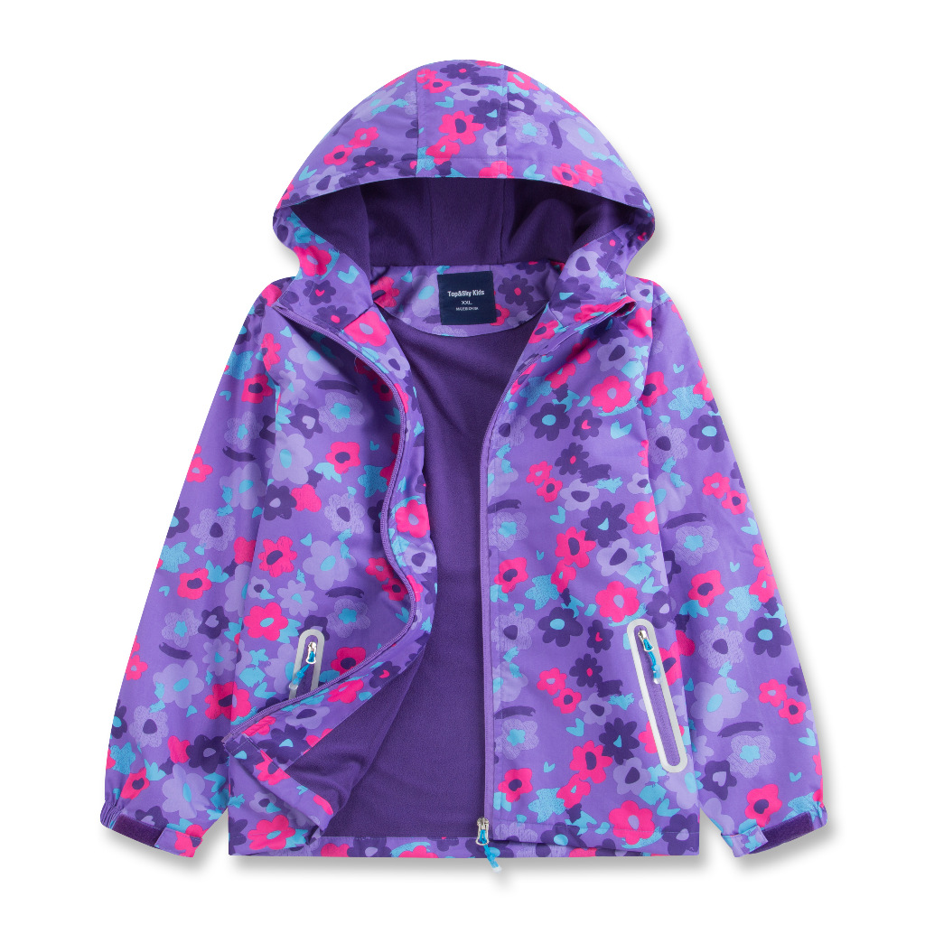 Girls Candy Color Waterproof Breathable Outdoor Children's Jacket Printed Open Chest Hooded Velvet Jacket Windbreaker