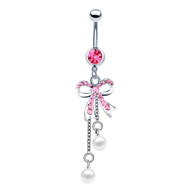 Amazon AliExpress hot-selling diamond-embedded navel ring bow pink navel jewelry body piercing jewelry navel ring