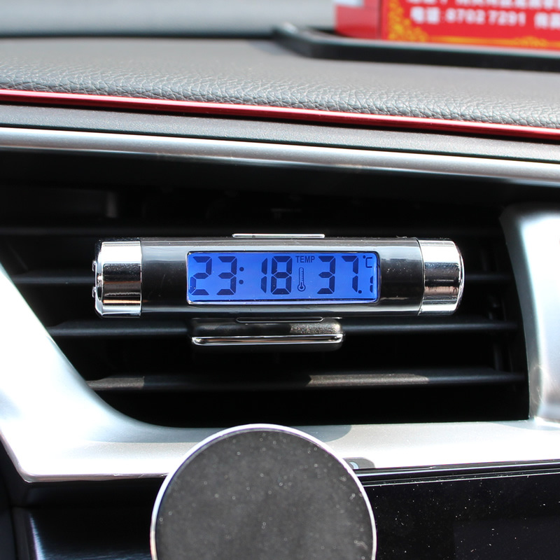 Car Clock Car Thermometer Digital Watch Air Outlet Led Luminous Time Two-In-One Internal Supplies Clip K01